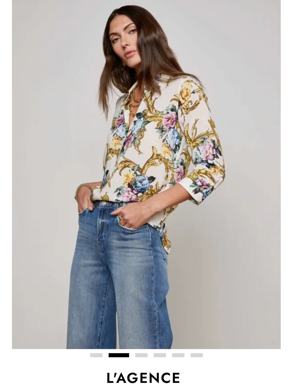 L'AGENCE Ivory Floral & Gold Scroll Button-Down Shirt